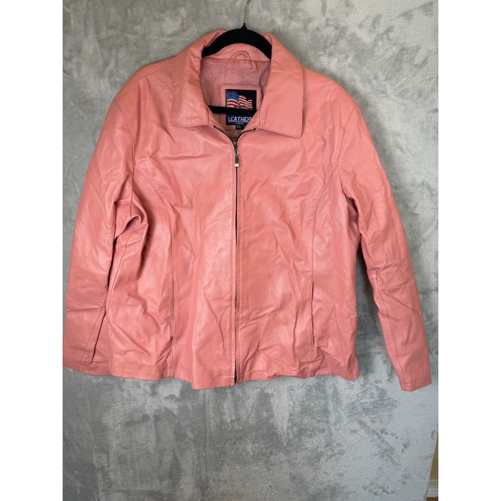 Y2K Barbiecore LEATHER U.S.A. Jacket Womens 4XL Pink  LeatherZip Collared Lined